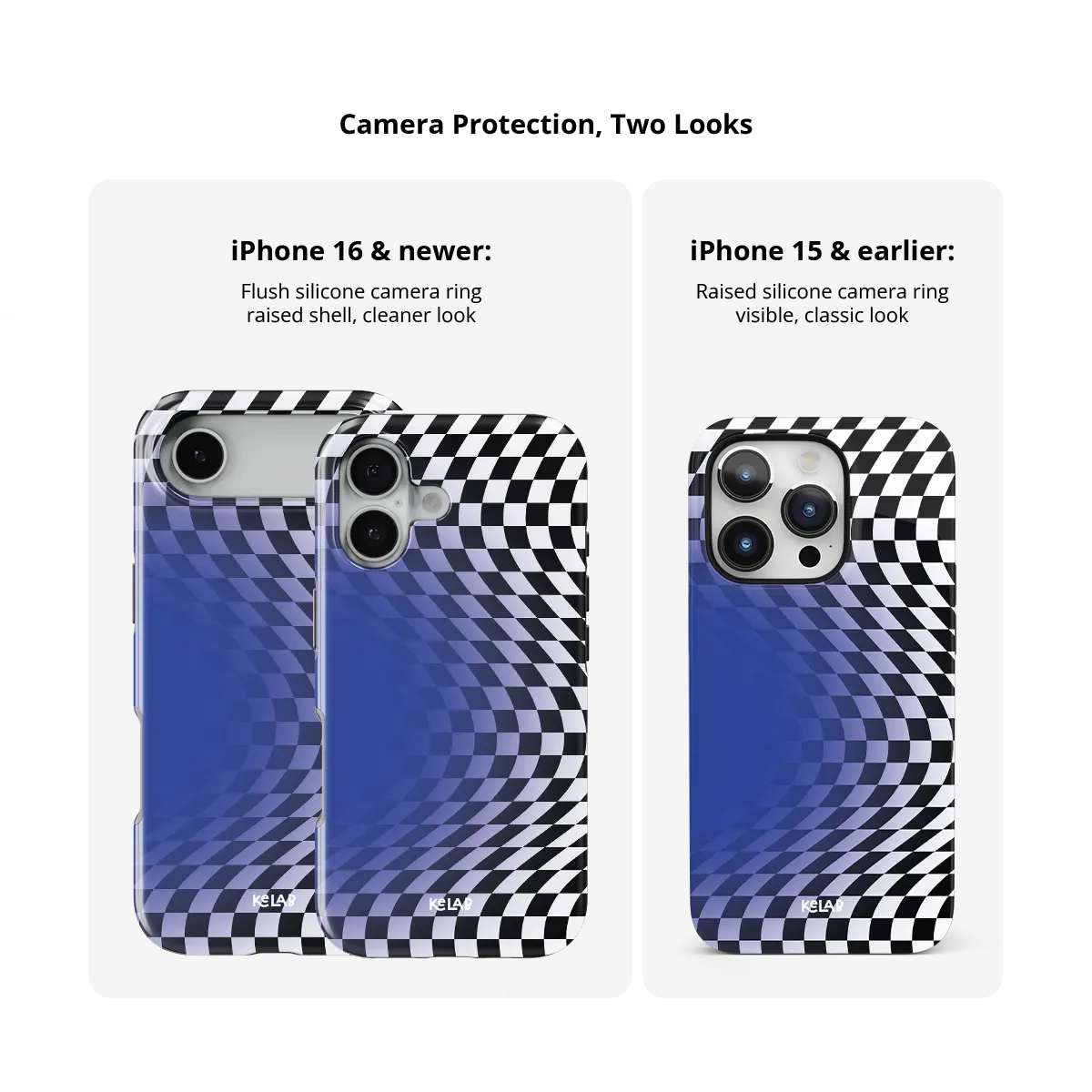 Blue Illusion checkered optical illusion Tough iPhone case size comparison across iPhone 15 to 18 models.