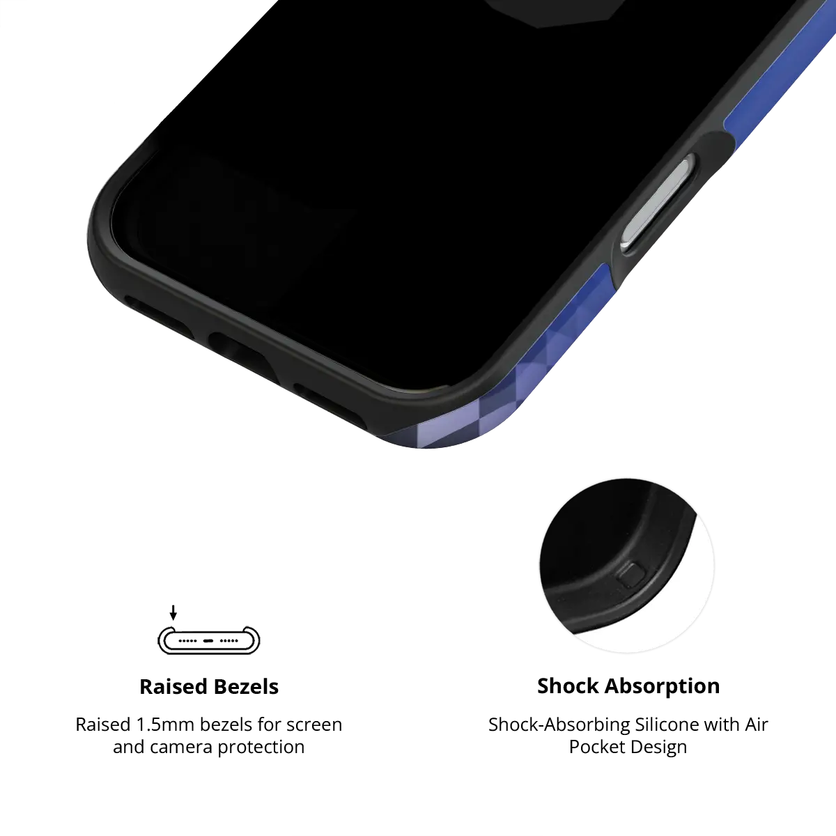 Blue Illusion checkered optical illusion Tough iPhone case inner view showing shock-absorbing drop protection.