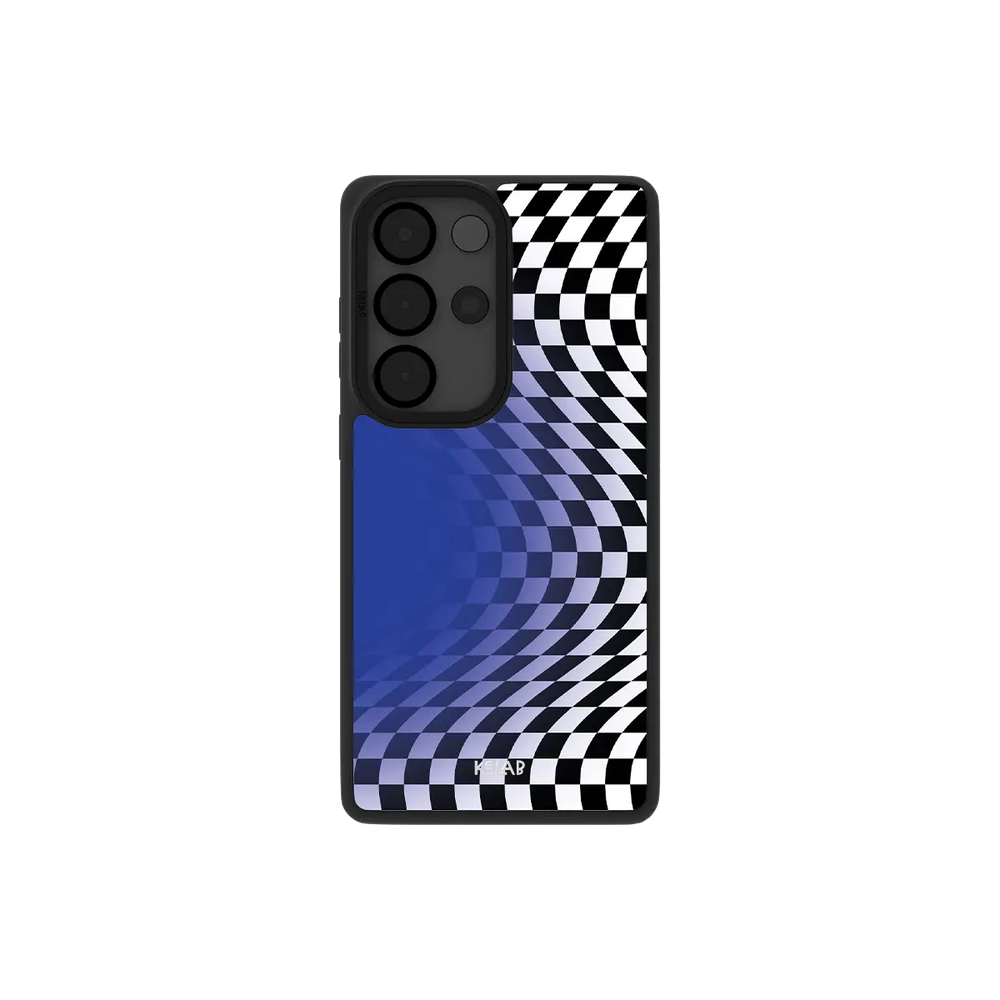 Blue checkered Samsung Galaxy case, back view with an optical illusion vortex around the camera cutout