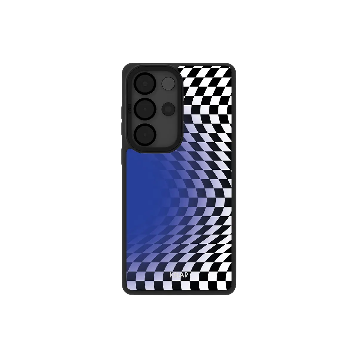 Blue checkered Samsung Galaxy case, back view with an optical illusion vortex around the camera cutout