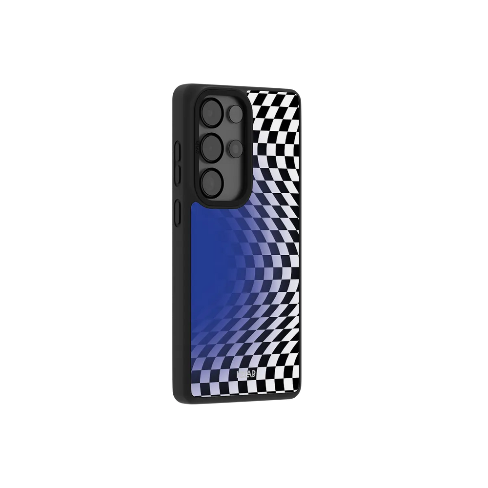Blue optical illusion checkered Samsung Galaxy case at a side angle showing the wrapped button covers