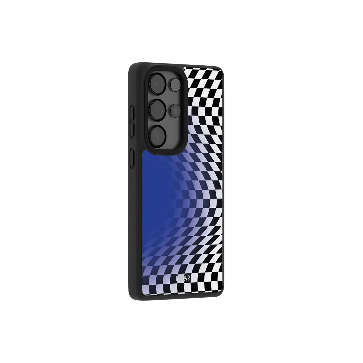 Blue optical illusion checkered Samsung Galaxy case at a side angle showing the wrapped button covers