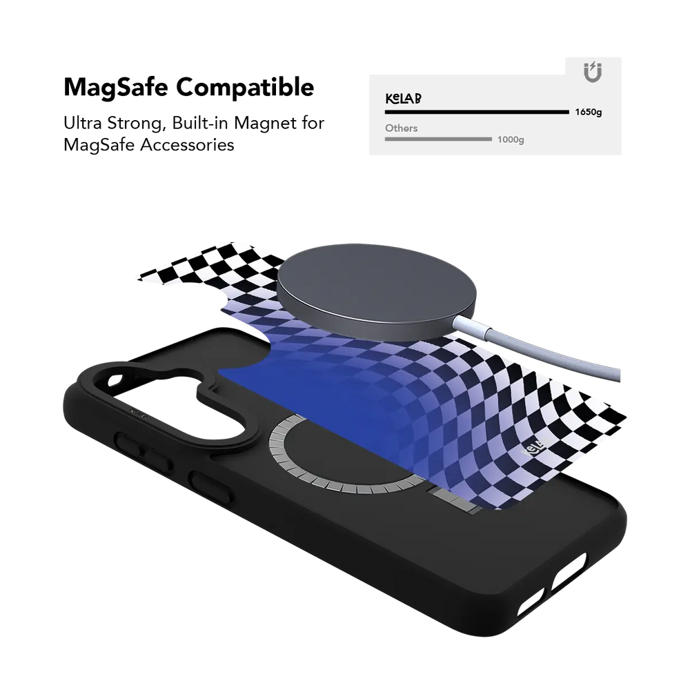 Blue optical illusion checkered Samsung Galaxy case holding a magnetic wireless charger through the built in ring