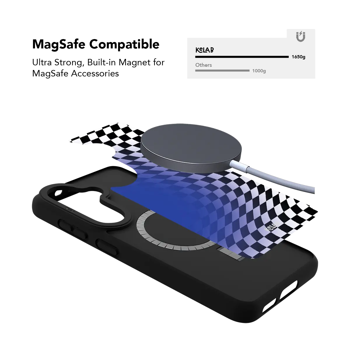 Blue optical illusion checkered Samsung Galaxy case holding a magnetic wireless charger through the built in ring
