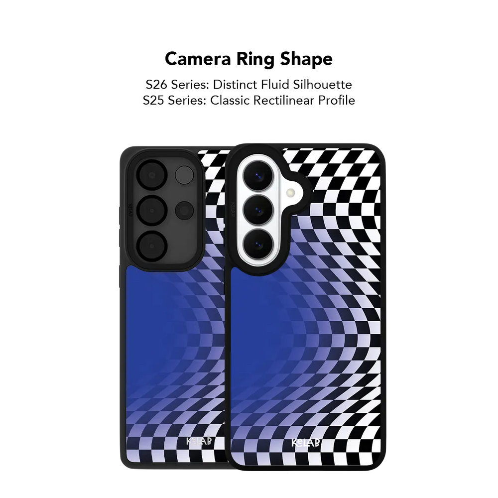 Close up of the camera ring cutout on the blue optical illusion checkered Samsung Galaxy case