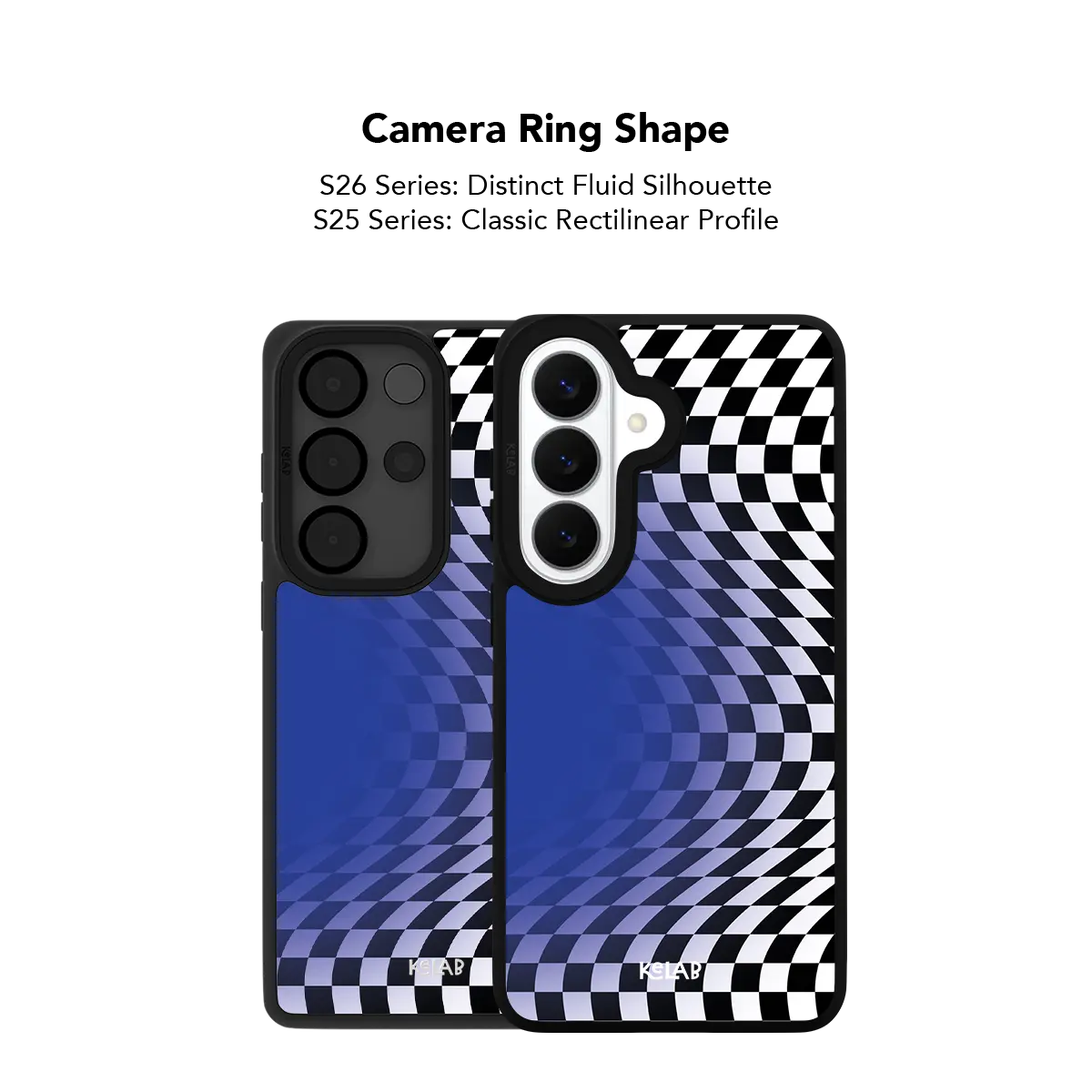 Close up of the camera ring cutout on the blue optical illusion checkered Samsung Galaxy case