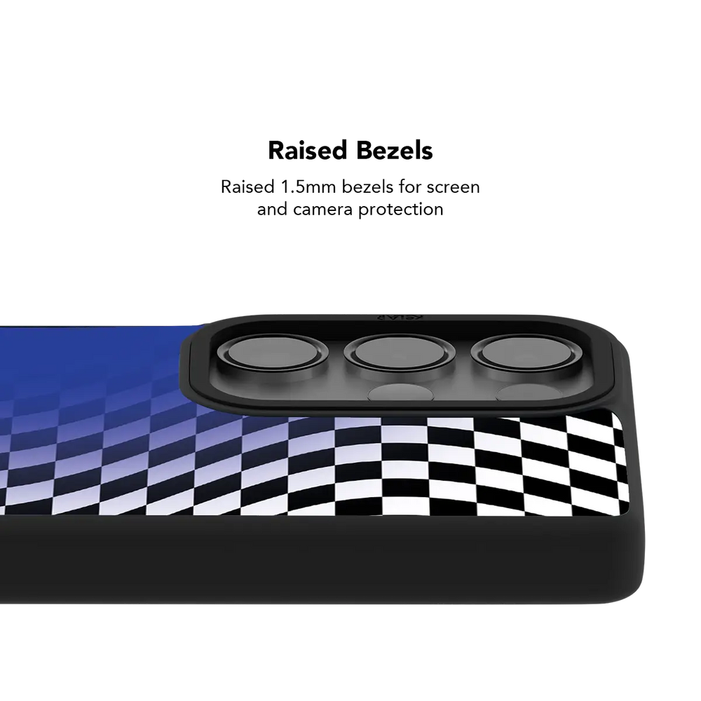 Raised bezel on the blue checkered Galaxy case lifting the camera lenses clear of a flat surface