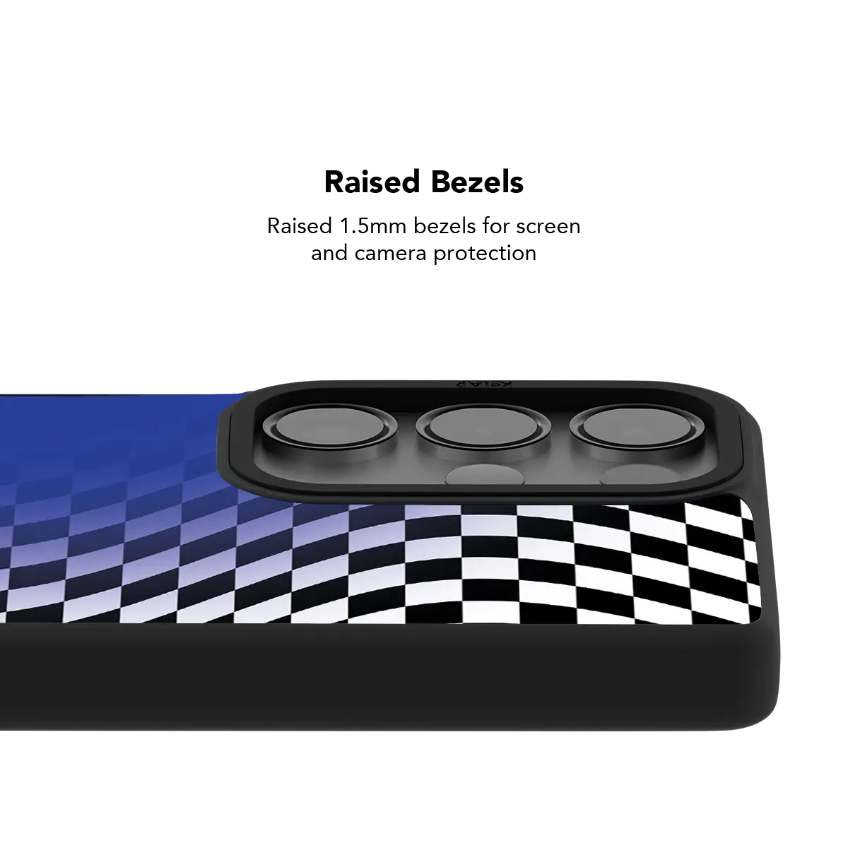 Raised bezel on the blue checkered Galaxy case lifting the camera lenses clear of a flat surface