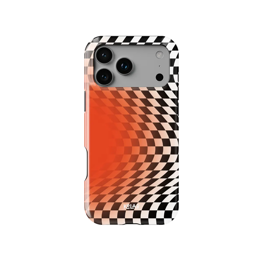 Sunflare orange checkered optical illusion Tough iPhone case, front view showing the pattern.