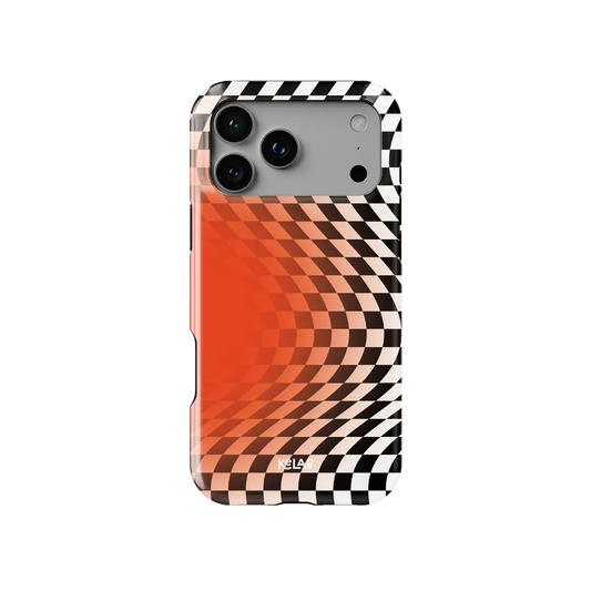 Sunflare orange checkered optical illusion Tough iPhone case, front view showing the pattern.