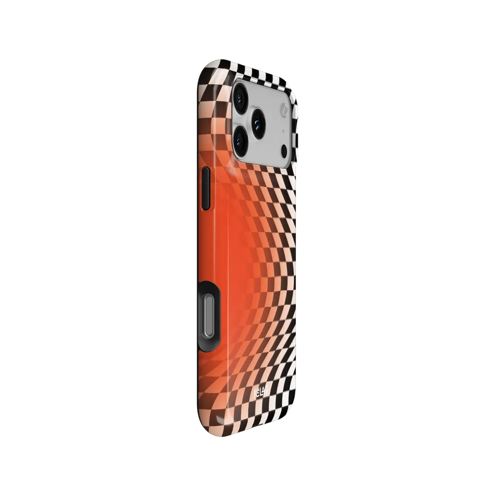 Sunflare orange checkered optical illusion Tough iPhone case, side view showing the pattern wrapped around the shell.