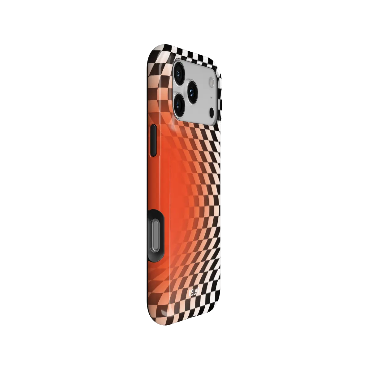 Sunflare orange checkered optical illusion Tough iPhone case, side view showing the pattern wrapped around the shell.