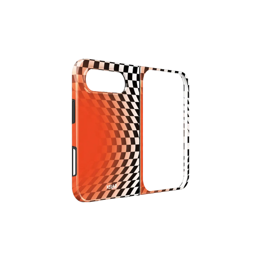 Orange Optical Illusion, Wavy Checkered iPhone 18 Fold Case, unfolded side view showing the hinge