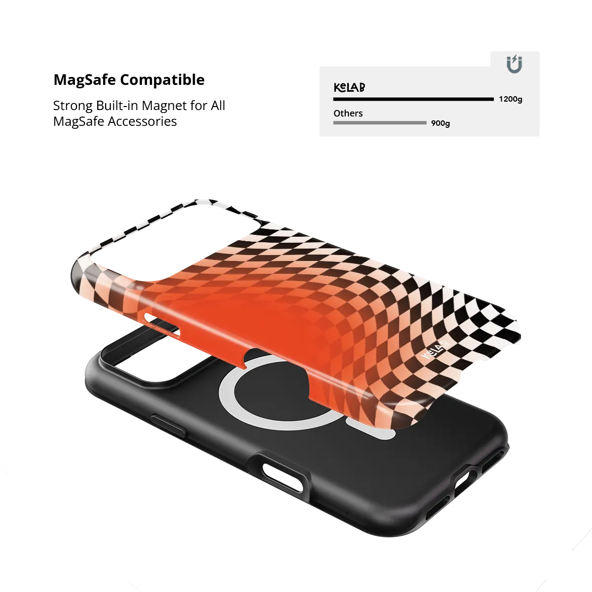Sunflare orange checkered optical illusion Tough iPhone case with built-in strong MagSafe magnets.
