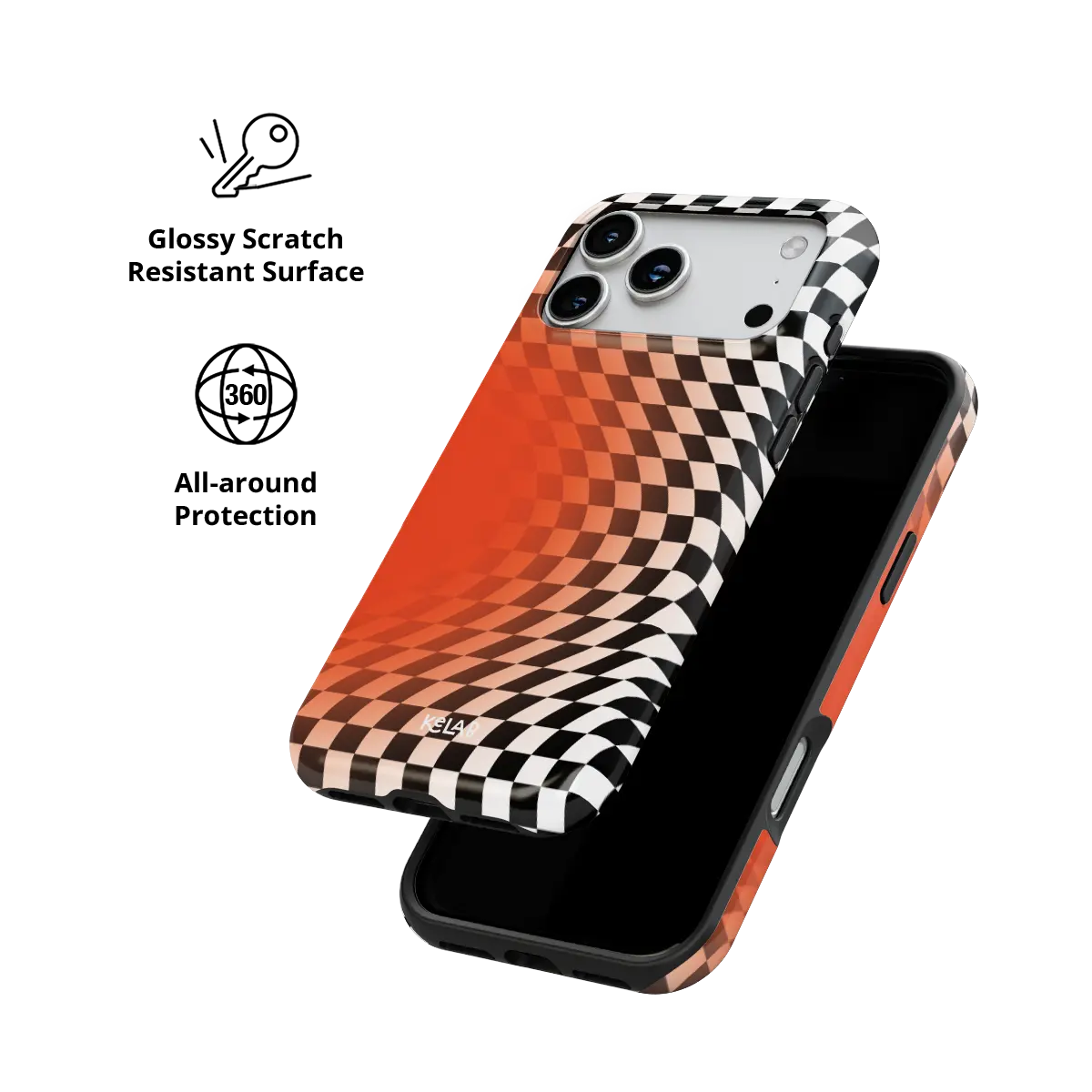 Sunflare orange checkered optical illusion Tough iPhone case with glossy, scratch resistant all-around protection.