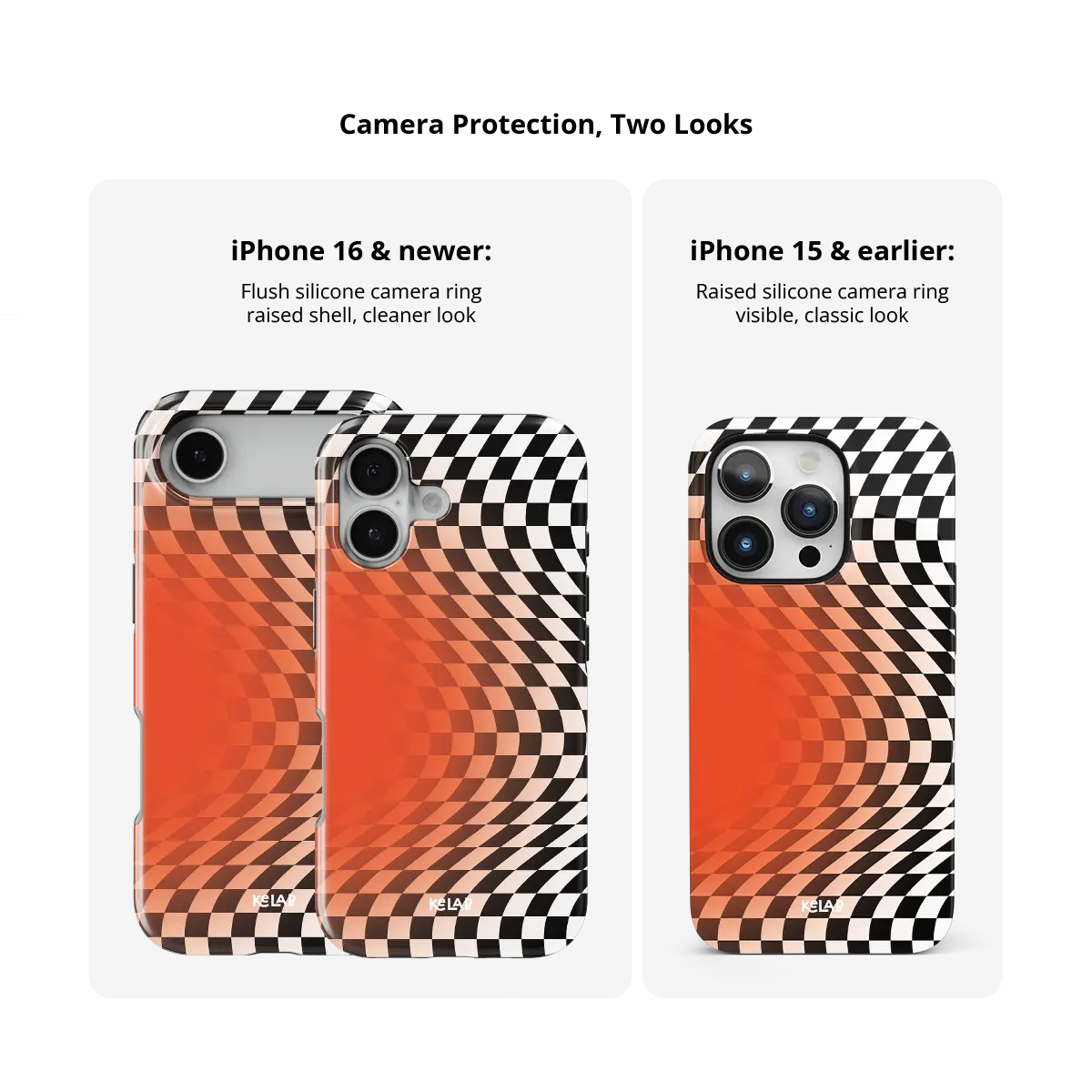 Sunflare orange checkered optical illusion Tough iPhone case size comparison across iPhone 15 to 18 models.
