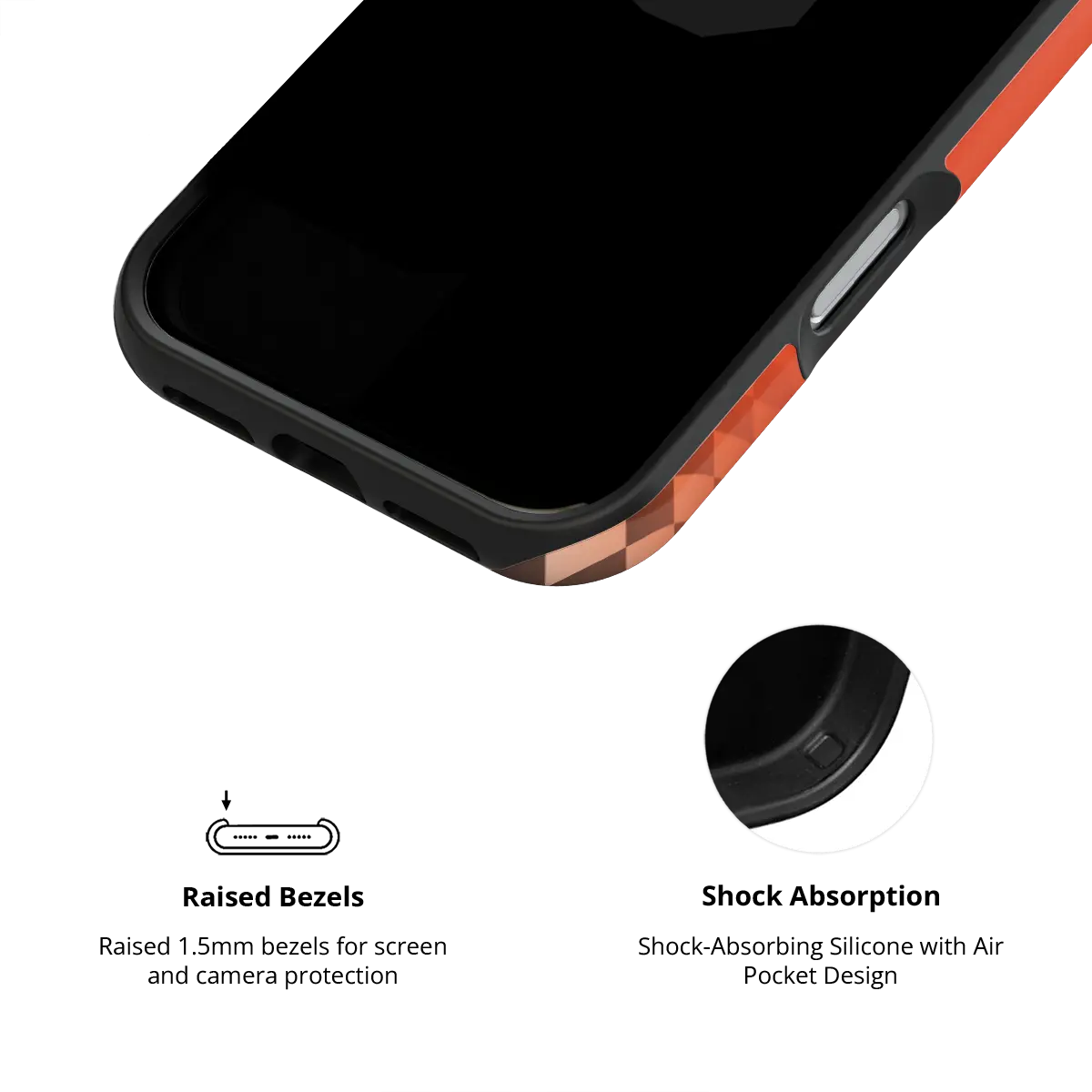 Sunflare orange checkered optical illusion Tough iPhone case inner view showing shock-absorbing drop protection.