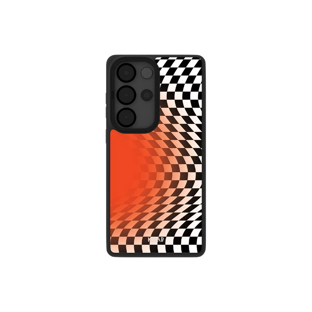 Orange checkered Samsung Galaxy case, back view with a warped optical illusion vortex around the camera cutout