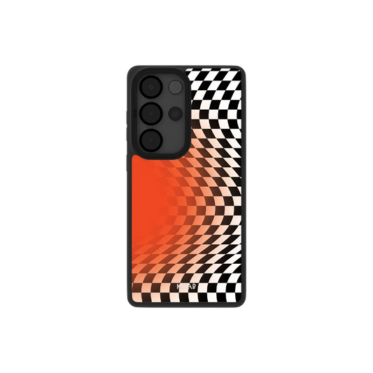 Orange checkered Samsung Galaxy case, back view with a warped optical illusion vortex around the camera cutout