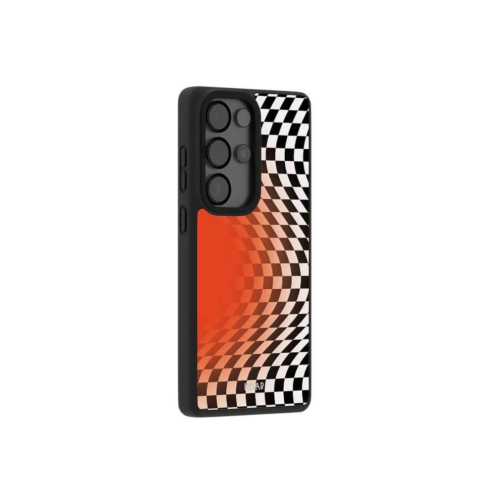 Orange optical illusion checkered Samsung Galaxy case at a side angle showing the wrapped button covers