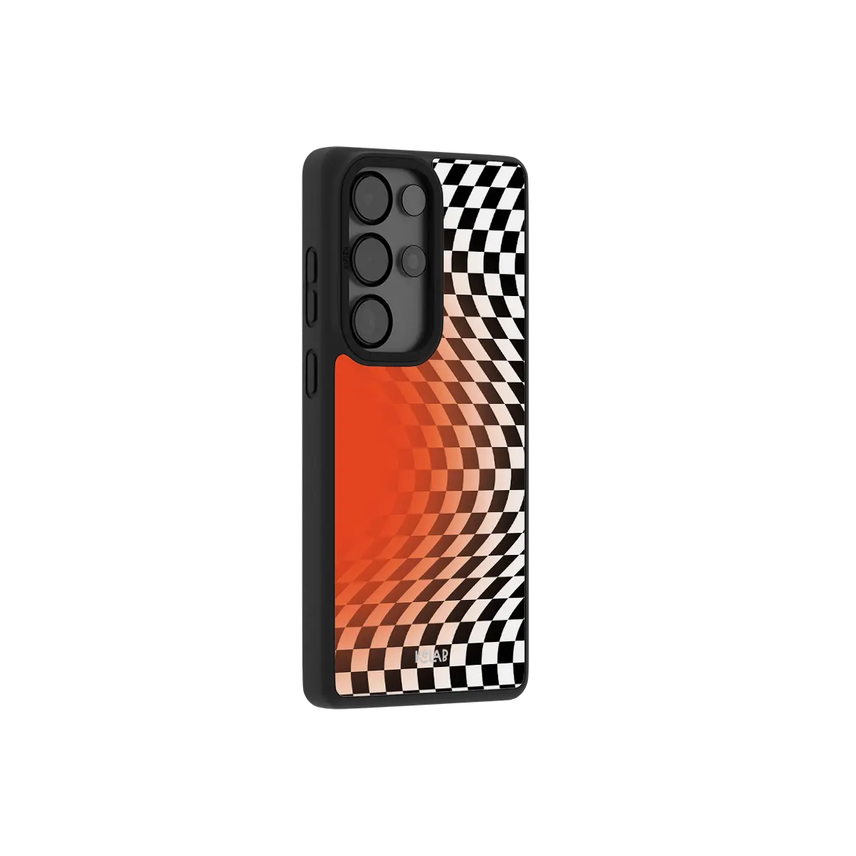 Orange optical illusion checkered Samsung Galaxy case at a side angle showing the wrapped button covers