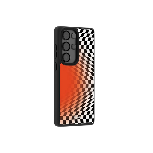 Orange optical illusion checkered Samsung Galaxy case at a side angle showing the wrapped button covers