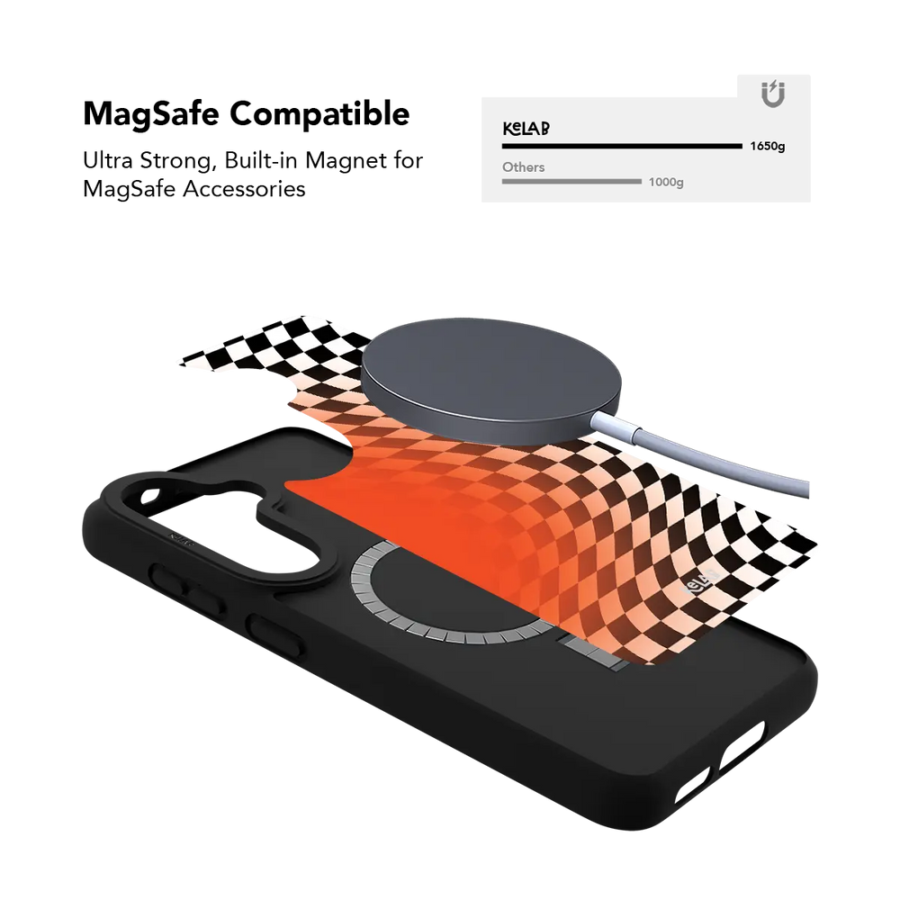 Orange optical illusion checkered Samsung Galaxy case holding a magnetic wireless charger through the built in ring