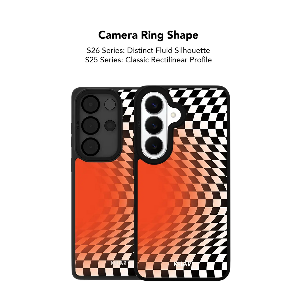 Close up of the camera ring cutout on the orange optical illusion checkered Samsung Galaxy case