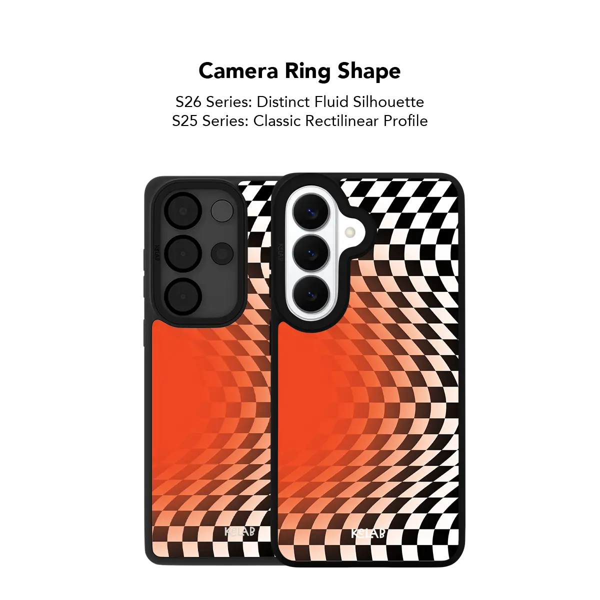 Close up of the camera ring cutout on the orange optical illusion checkered Samsung Galaxy case
