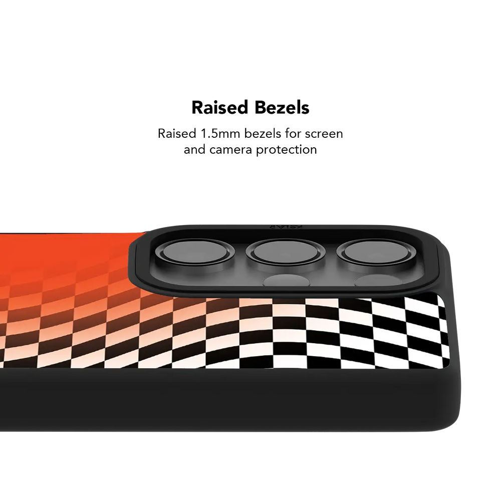 Raised bezel on the orange checkered Galaxy case lifting the camera lenses clear of a flat surface