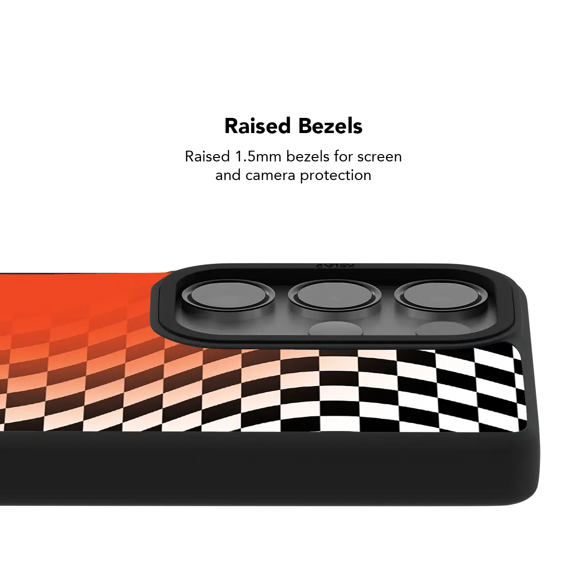 Raised bezel on the orange checkered Galaxy case lifting the camera lenses clear of a flat surface
