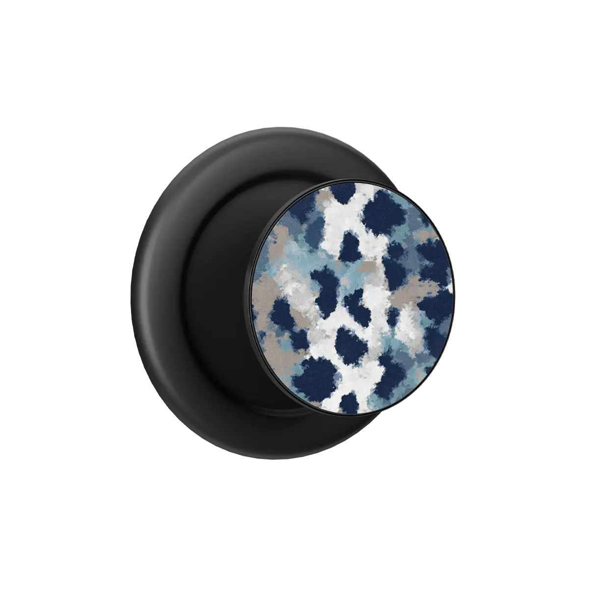 Blue cheetah print MagSafe pop grip phone grip with built-in strong magnets and black base.