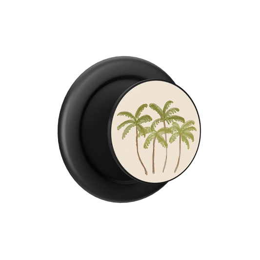 Black MagSafe phone grip with palm tree design and built-in strong magnets pop grip.