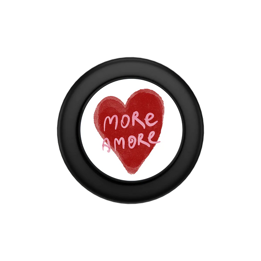 Black MagSafe phone grip with hand-drawn red heart and "More Amore" text, pop grip with built-in strong magnets.