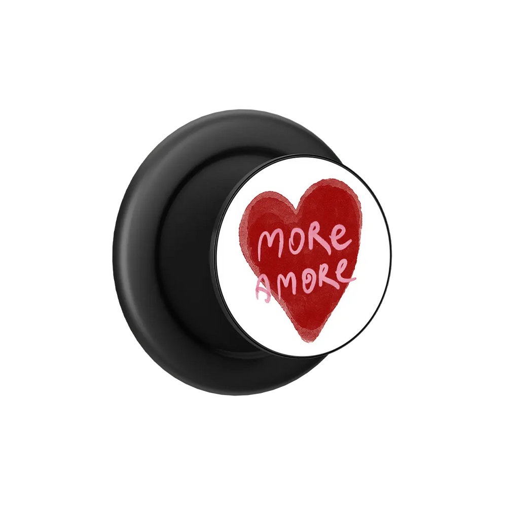 Black MagSafe phone grip with hand-drawn red heart and "More Amore" text, pop grip with built-in strong magnets.