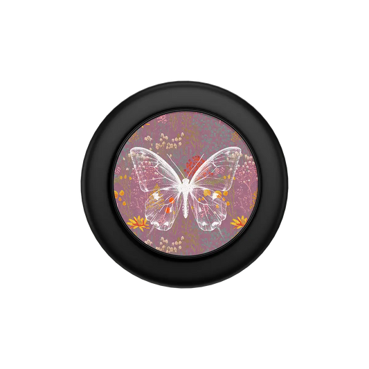 Black MagSafe phone grip with pink and purple botanical butterfly design and built-in strong magnets.