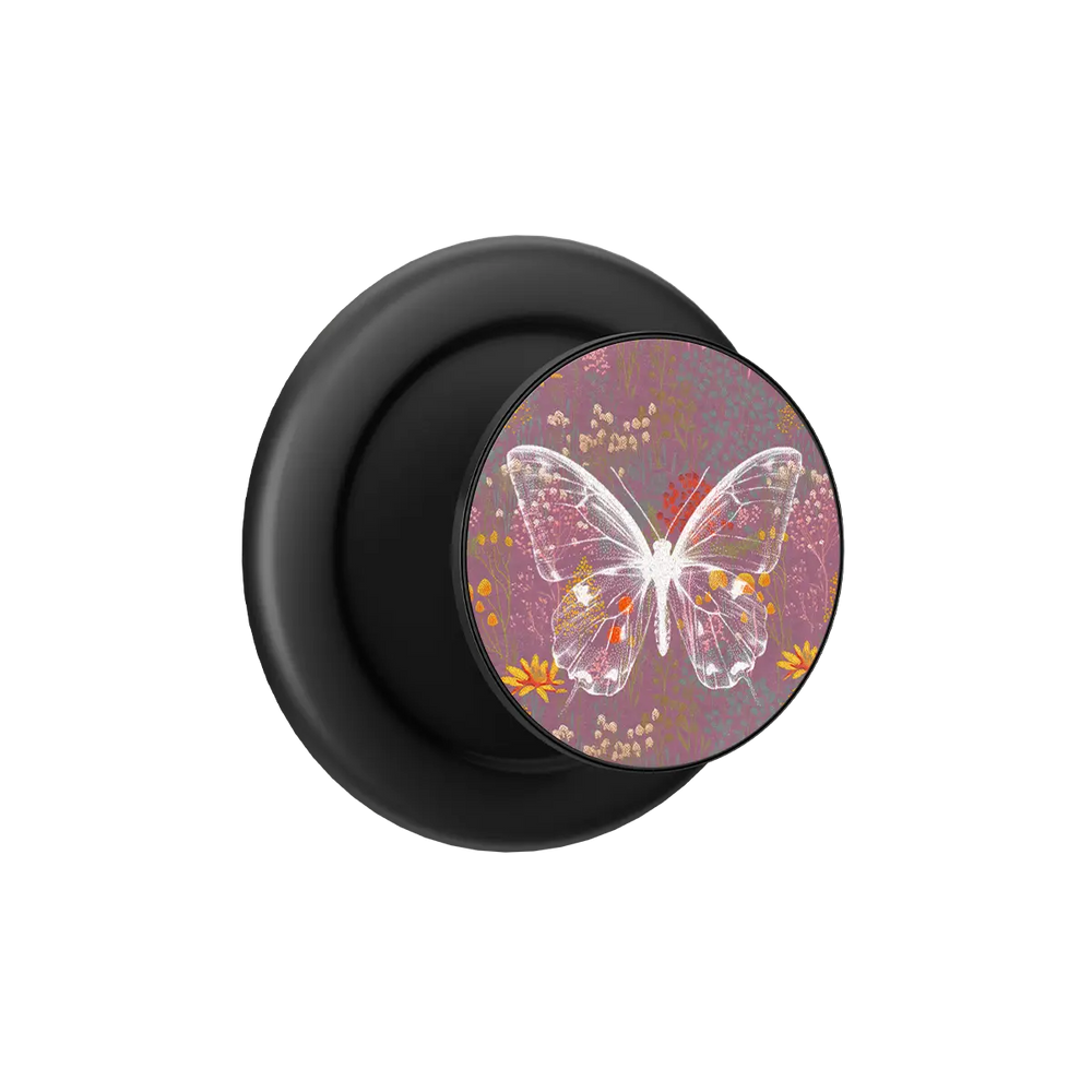 Black Botanical Butterfly pop grip with pink and orange floral design, built-in strong magnets for MagSafe phone grip and.