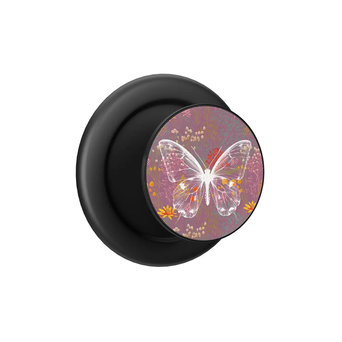 Black Botanical Butterfly pop grip with pink and orange floral design, built-in strong magnets for MagSafe phone grip and.