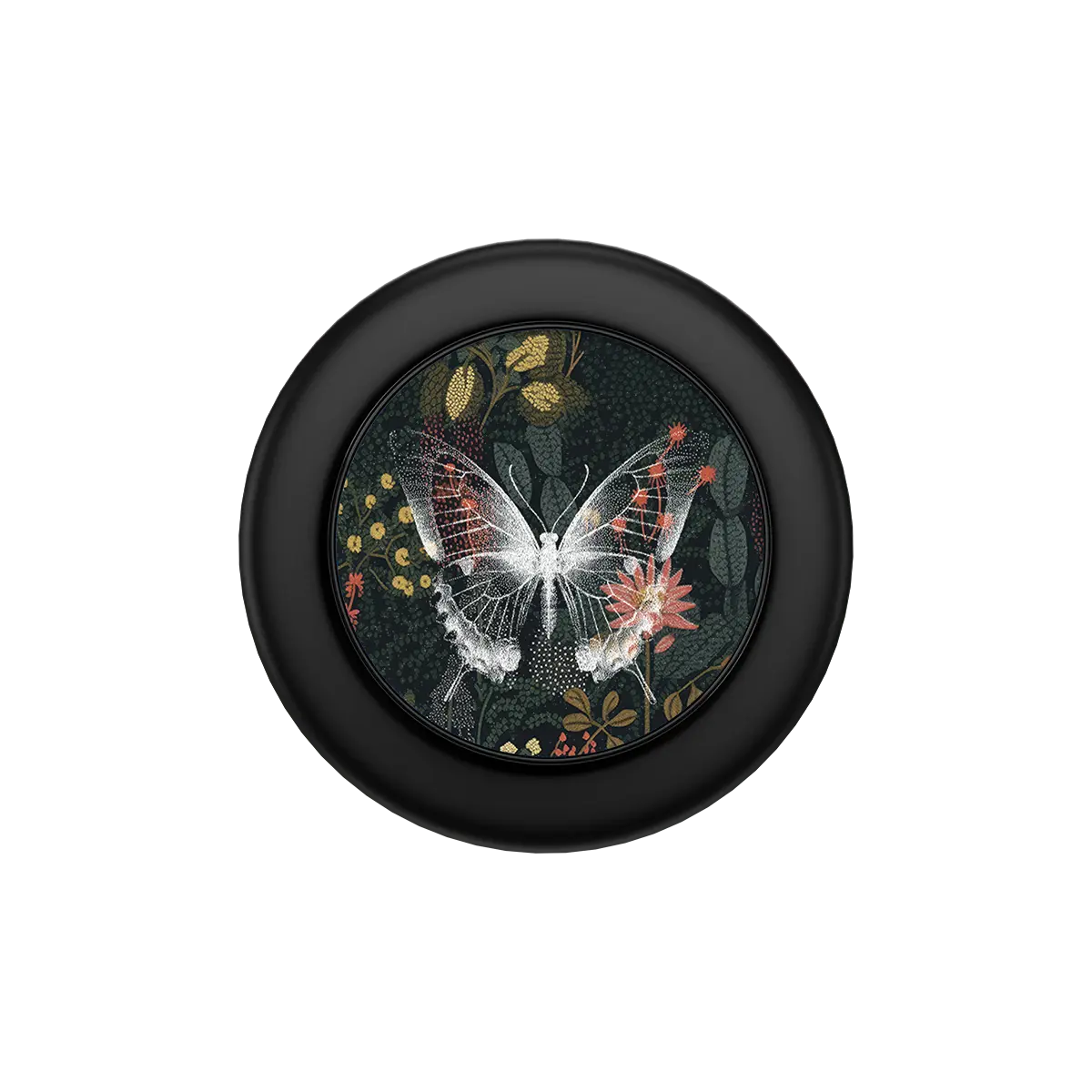 Black MagSafe phone grip with botanical butterfly design and built-in strong magnets.
