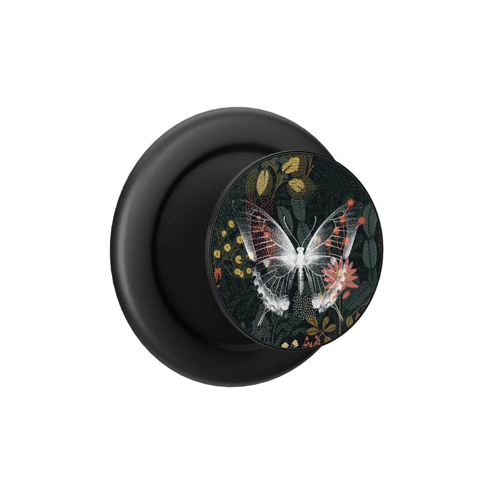 Black MagSafe phone grip with botanical butterfly design and built-in strong magnets.