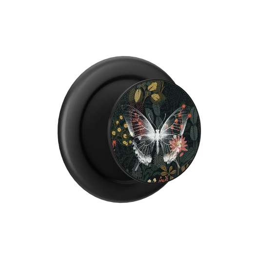 Black MagSafe phone grip with botanical butterfly design and built-in strong magnets.