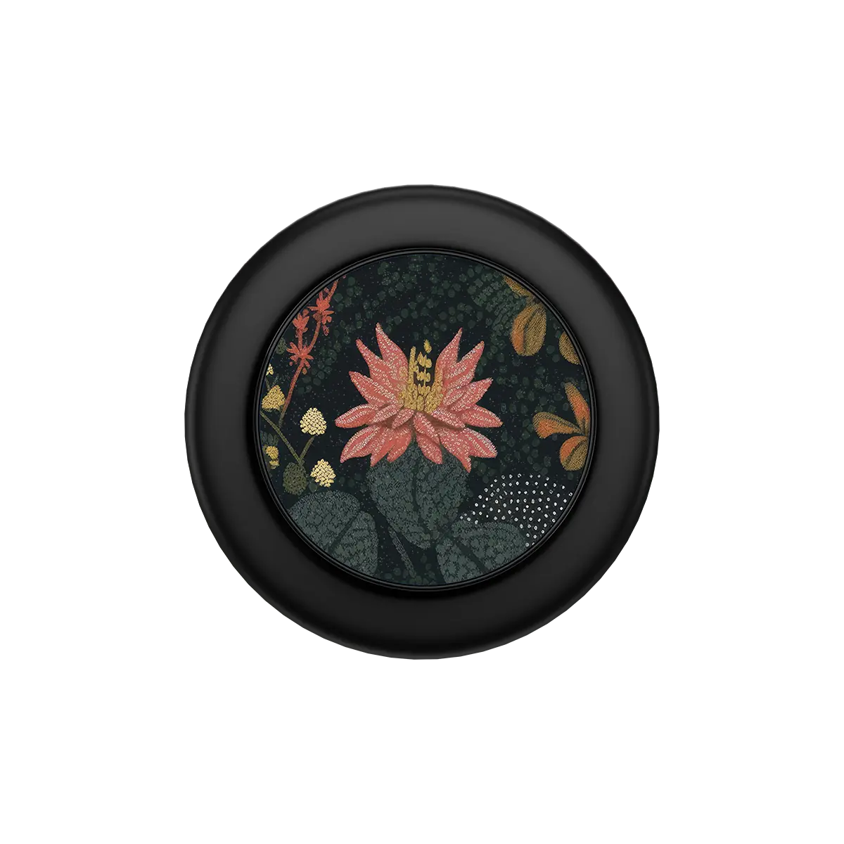 Black MagSafe phone grip with moody wildflower design and built-in strong magnets.