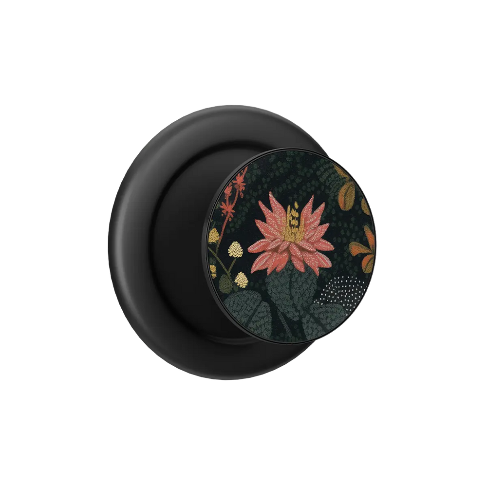 Black MagSafe phone grip with moody wildflower design and built-in strong magnets.