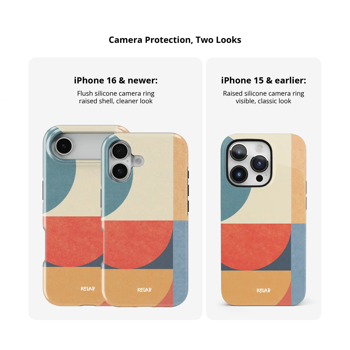 Color Index mood modular Tough iPhone case size comparison across iPhone 15 to 18 models.