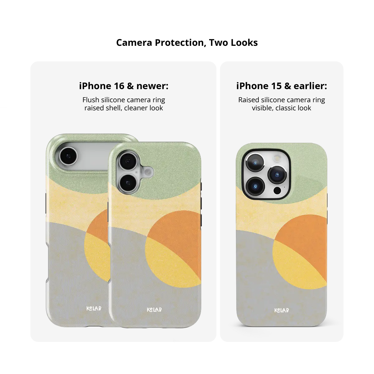 Pastel Orbit mood modular Tough iPhone case size comparison across iPhone 15 to 18 models.