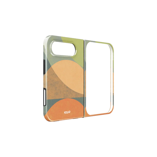 Earthy Geometric, Terracotta Olive iPhone 18 Fold Case, unfolded side view showing the hinge