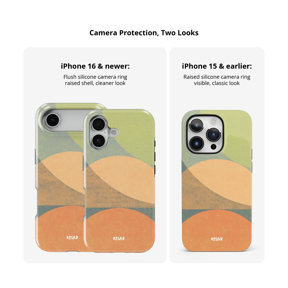 Olive Arc mood modular Tough iPhone case size comparison across iPhone 15 to 18 models.
