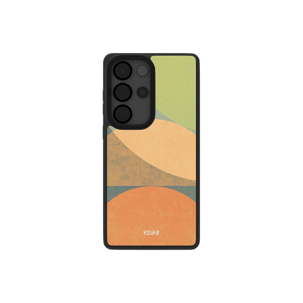 Samsung Galaxy phone case with a stylish abstract pattern in earthy tones and a protective TPU material