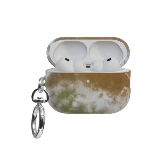 Brown-Blue Tie-Dye airpods pro case front view with open lid and keychain