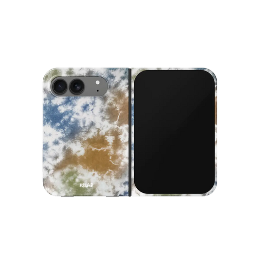 Brown Blue Tie, Dye, Earthy Boho iPhone 18 Fold Case, unfolded front view